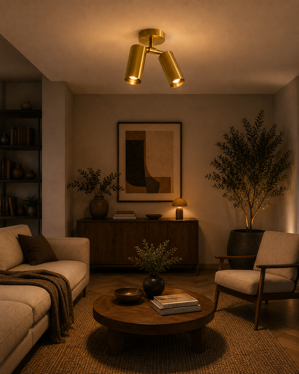 Aurora Dual Cylinder Ceiling Spotlight in brushed brass installed in a modern living room, featuring adjustable cylindrical spotlight heads with warm ambient illumination.