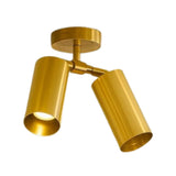Three-quarter view of the Aurora Dual Cylinder Ceiling Spotlight showcasing handcrafted brass cylindrical spotlights with adjustable directional lighting.