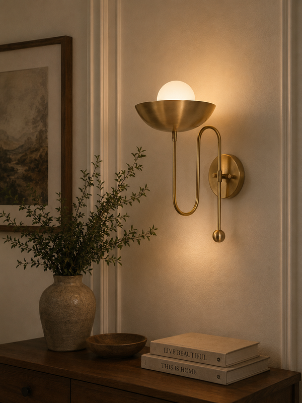 Aurora modern brass bowl wall sconce installed in a contemporary living room, providing warm ambient lighting above a wooden console table.