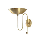 Side profile of the Aurora modern brass bowl wall sconce highlighting its sculptural bowl shade, loop arm, and wall-mounted construction.