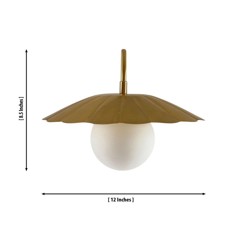 Aurora modern brass flower shade wall sconce installed in a contemporary kitchen, providing warm ambient lighting above a countertop and open shelving.