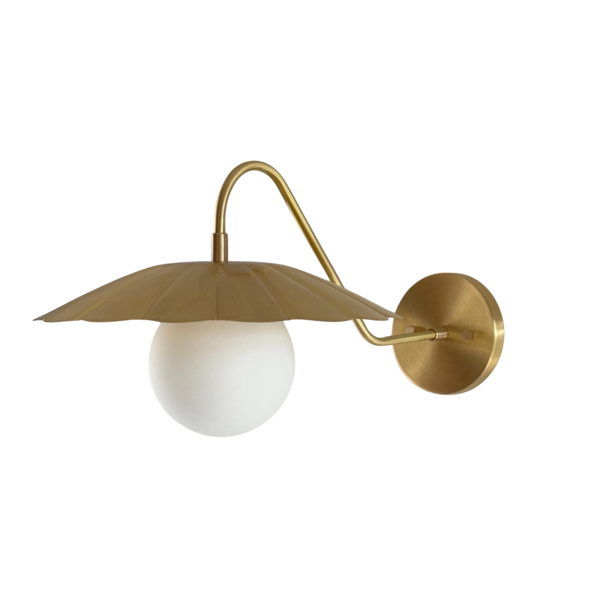 Front view of the Aurora modern brass flower shade wall sconce featuring a handcrafted fluted metal shade, frosted globe diffuser, and elegant curved wall arm.