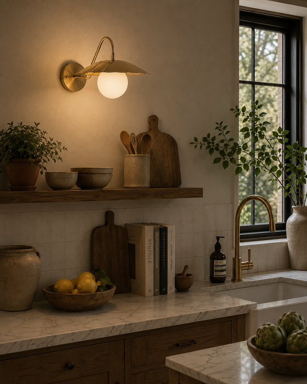 Aurora modern brass flower shade wall sconce installed in a contemporary kitchen, providing warm ambient lighting above a countertop and open shelving.