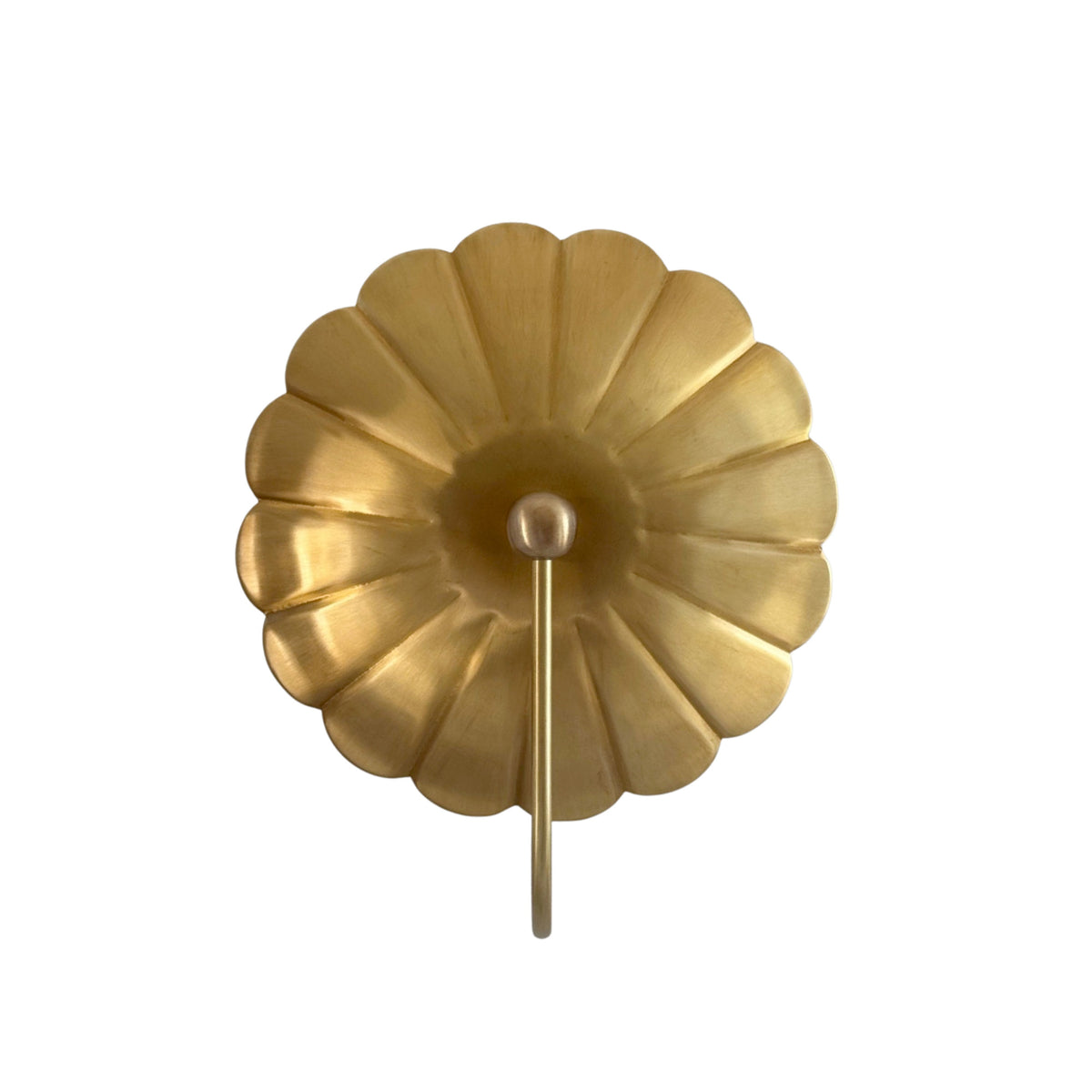 Front view of Aurora modern floral brass wall sconce featuring a sculpted flower-inspired backplate and elegant curved arm in a warm brass finish.