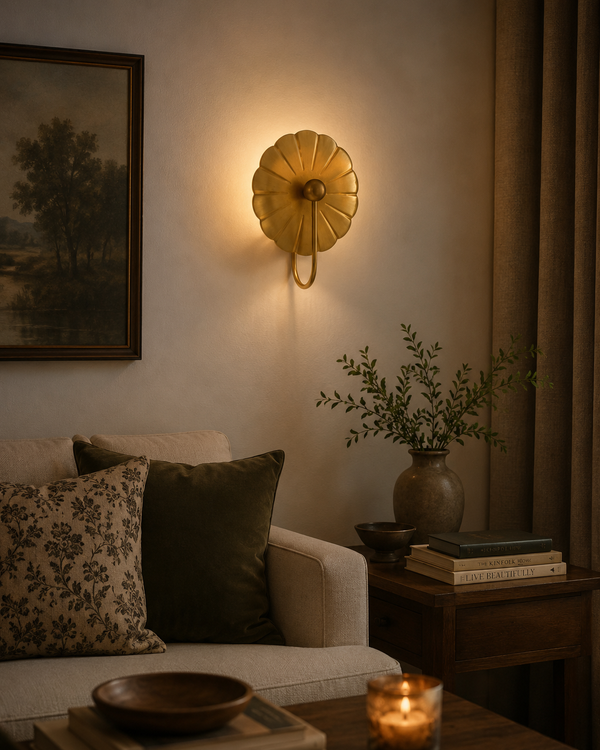 Aurora modern floral brass wall sconce installed in a contemporary living room, casting a warm ambient glow above a side table and sofa.