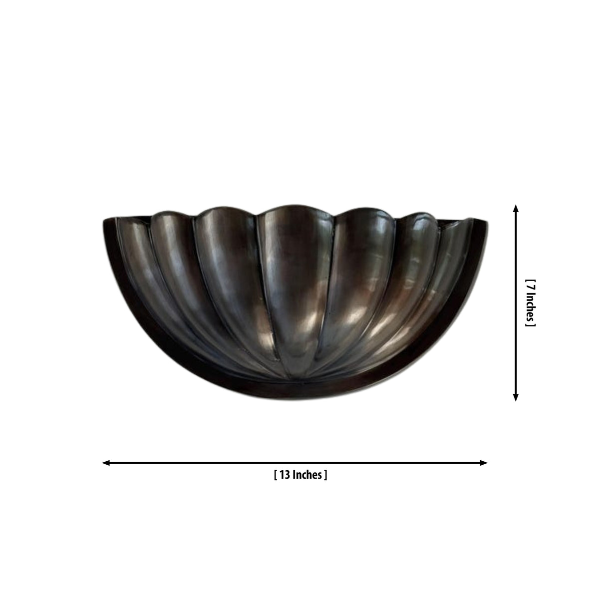 Aurora modern gunmetal fluted half bowl wall sconce with dimensions measuring 13 inches wide by 7 inches high.
