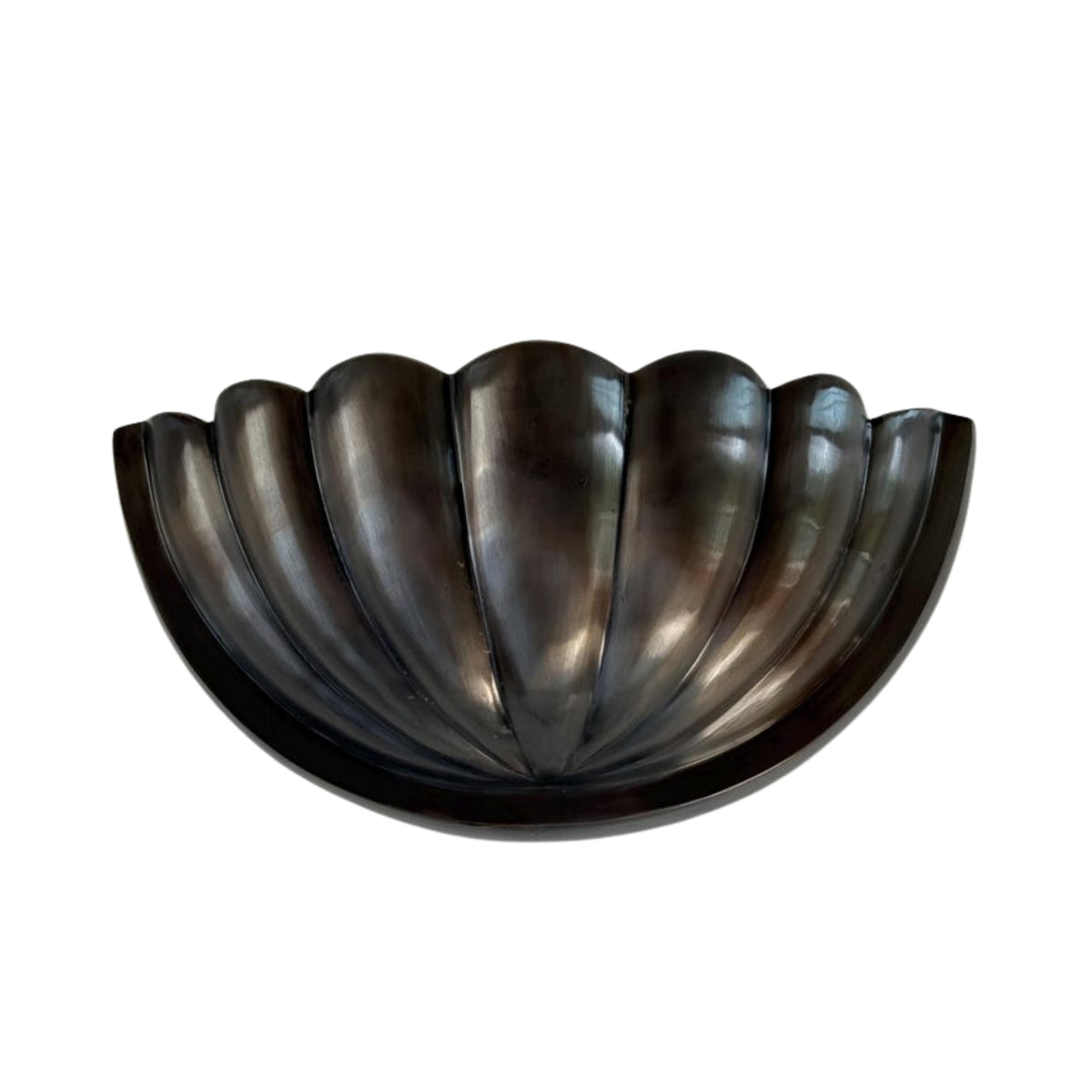 Front detail of the Aurora modern gunmetal fluted half bowl wall sconce highlighting its handcrafted fluted texture and rich gunmetal finish.