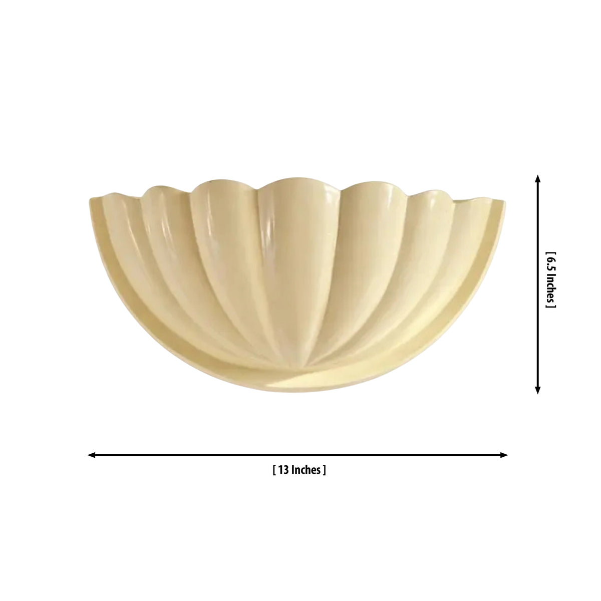 Aurora modern ivory fluted half bowl wall sconce with dimensions measuring 13 inches wide by 6.5 inches high.