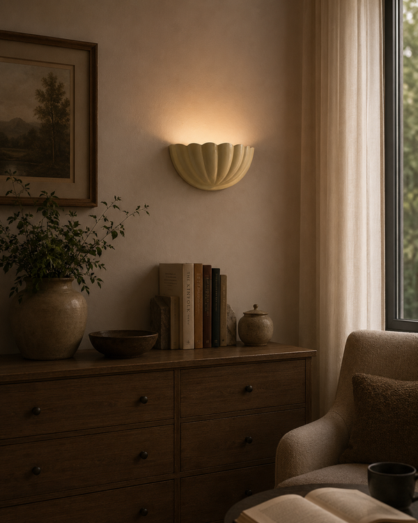 Aurora modern ivory fluted half bowl wall sconce installed in a contemporary living room, providing warm indirect ambient illumination above a wooden console table.