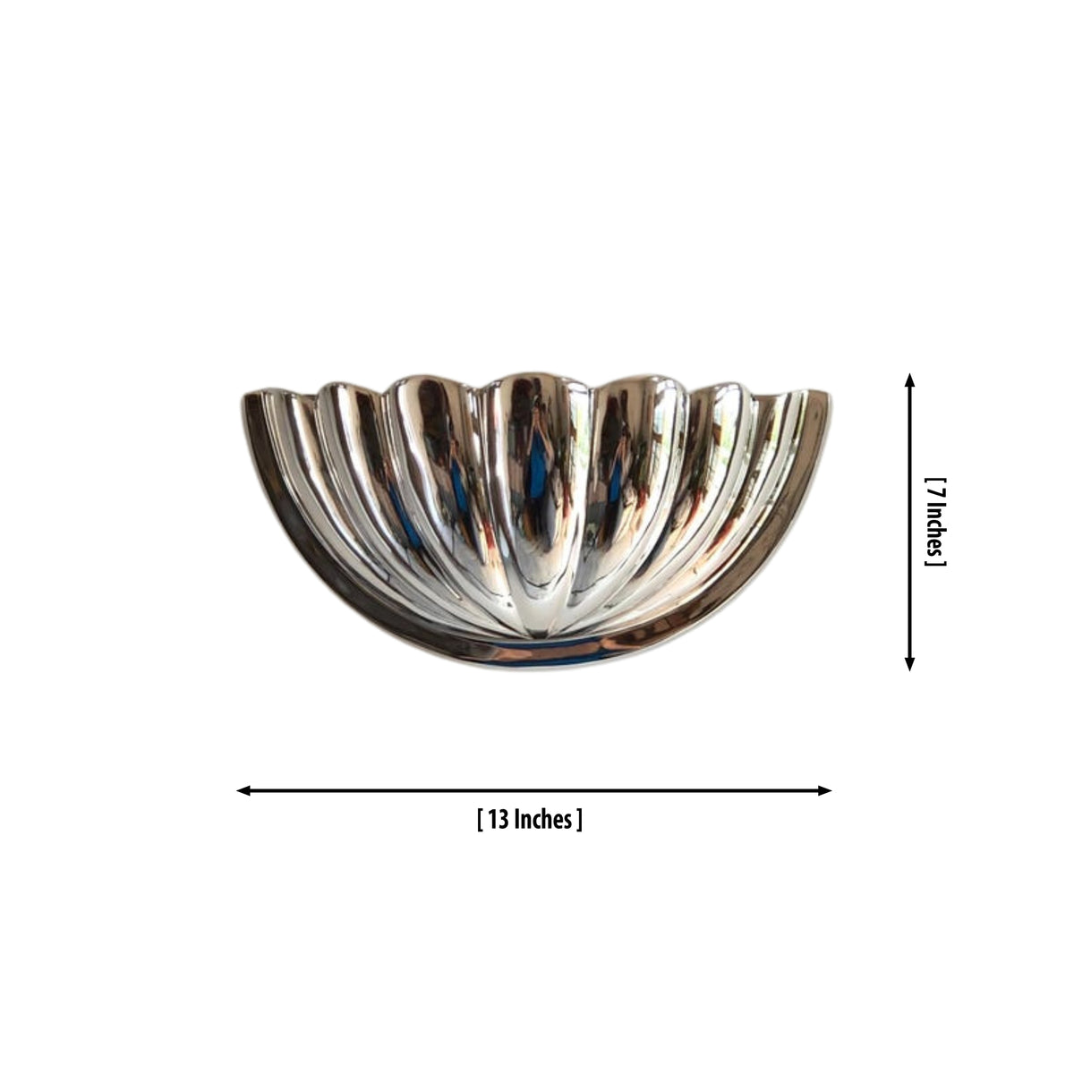 Aurora modern polished nickel fluted half bowl wall sconce with overall dimensions of 13 inches wide by 7 inches high.