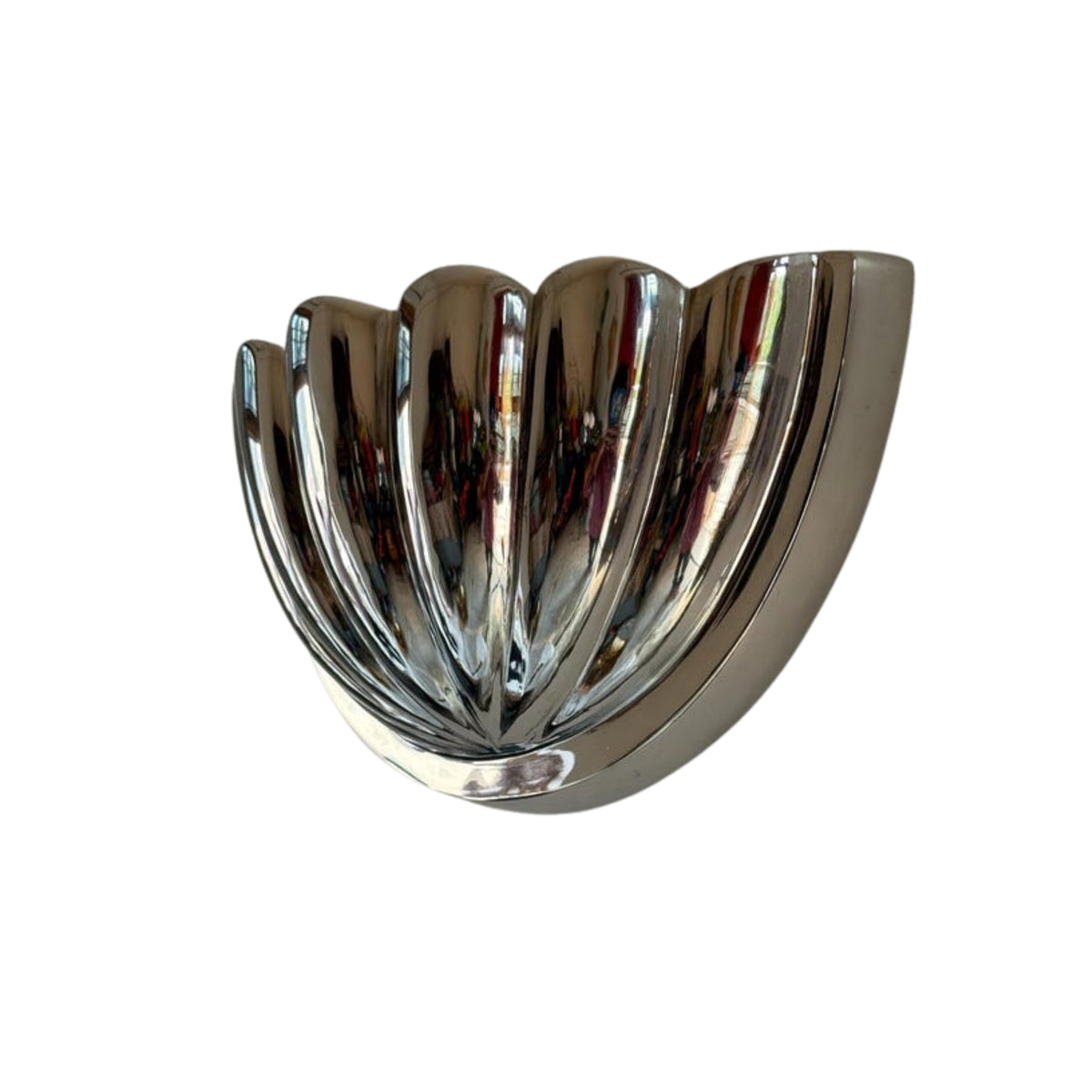 Front view of Aurora modern polished nickel fluted half bowl wall sconce featuring a sculptural ribbed design and reflective finish.