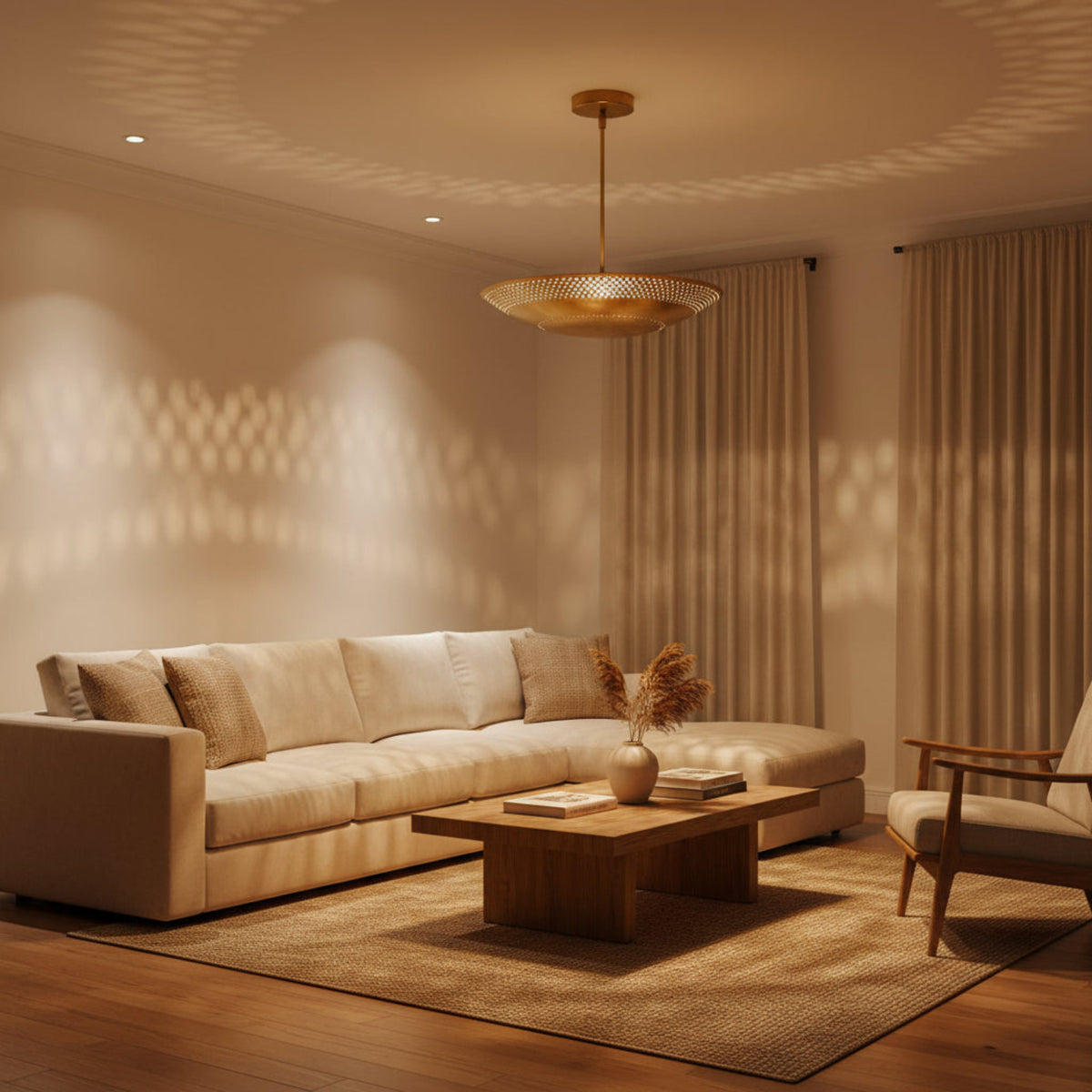 Aurora perforated bowl chandelier Model 62010 – close-up view of perforated metal detailing and ceiling mount