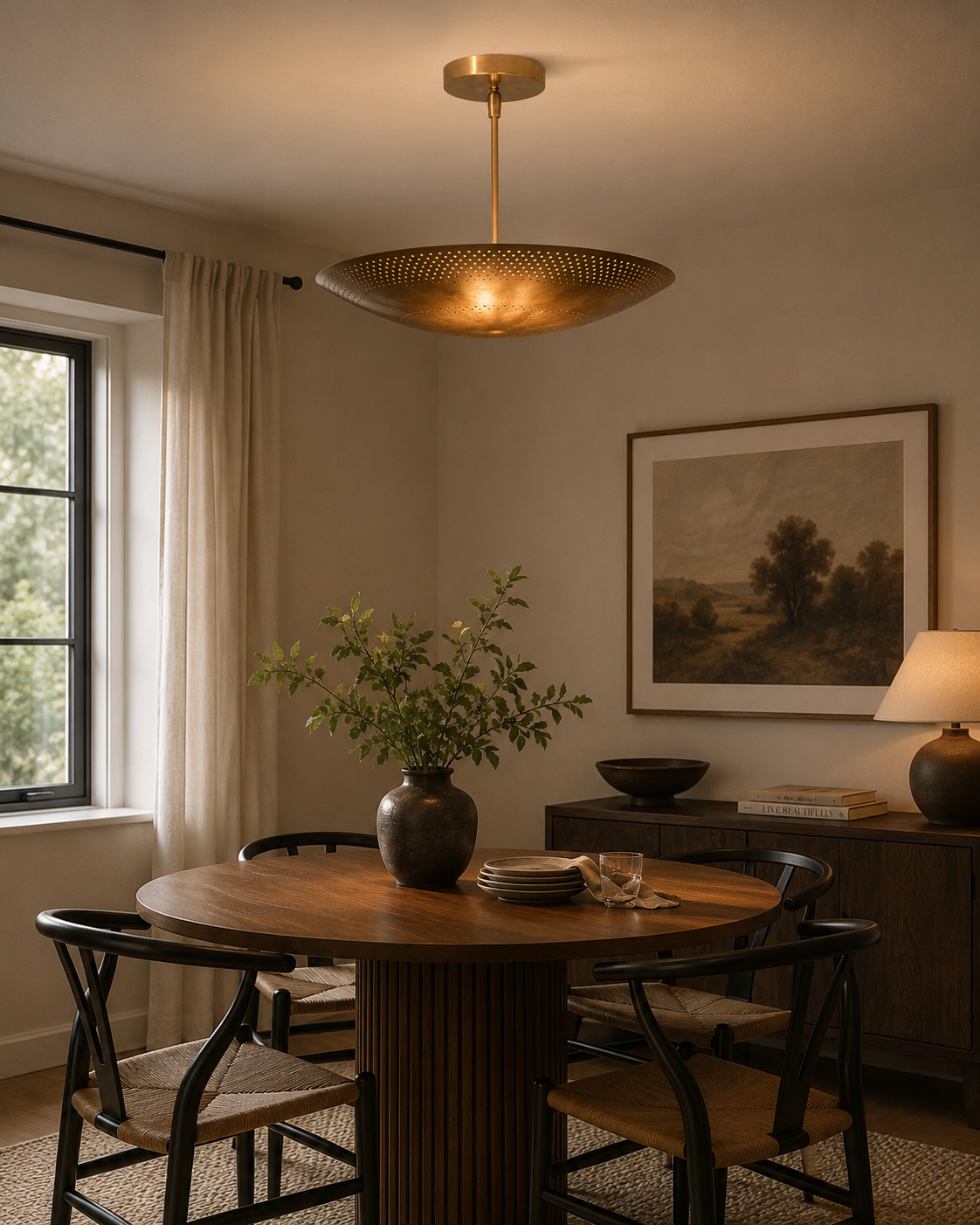 Aurora perforated bowl chandelier 6 light Model 62010 installed above a dining table in a warm modern dining room