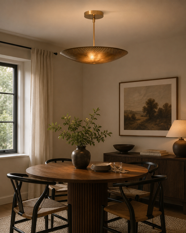 Aurora perforated bowl chandelier 6 light Model 62010 installed above a dining table in a warm modern dining room