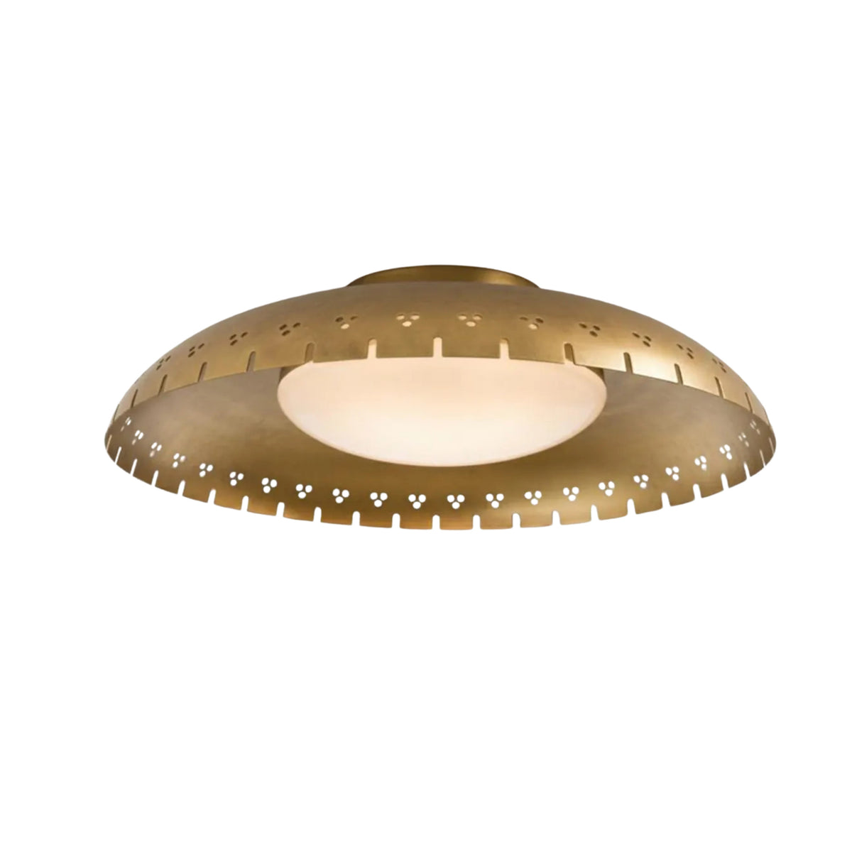 Angled view of the Aurora Perforated Disc Flush Mount Ceiling Light 12 Inch Model 33249 highlighting its artisan perforated detailing and contemporary flush mount design.