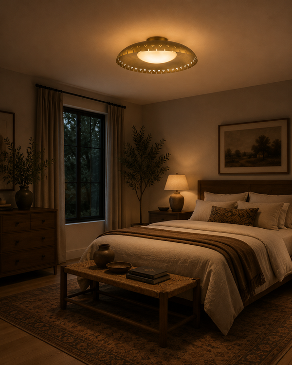 Aurora Perforated Disc Flush Mount Ceiling Light 12 Inch Model 33249 installed in a modern bedroom, providing warm ambient illumination with decorative perforated detailing.