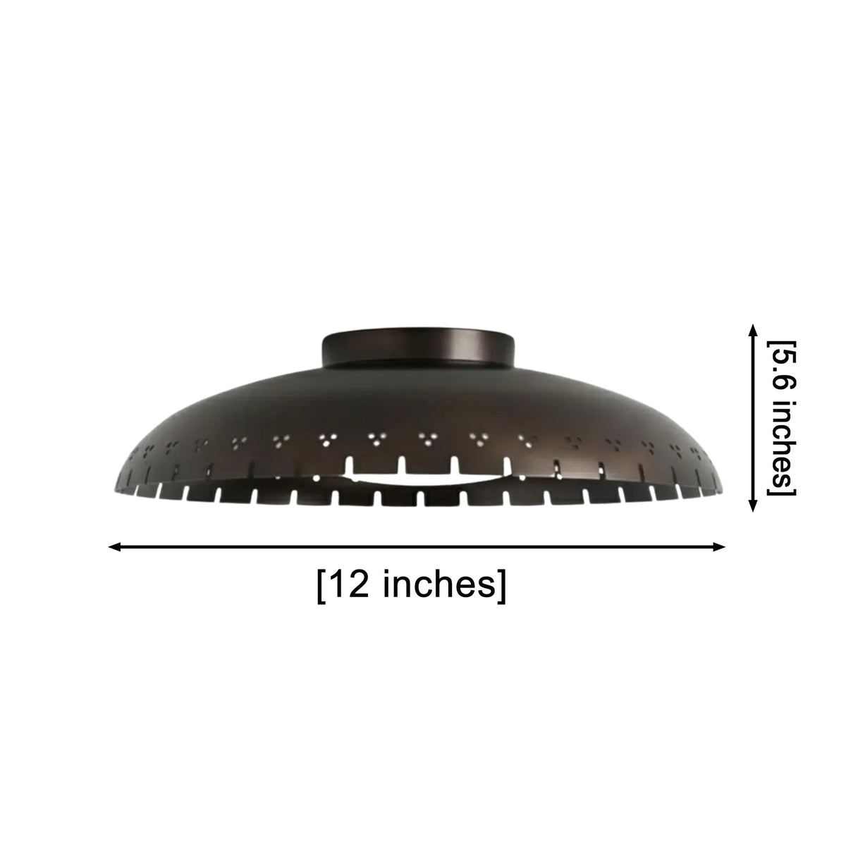 Dimensions of the Aurora Perforated Disc Flush Mount Ceiling Light Model 33249 showing a 12-inch diameter and 5.6-inch overall height.