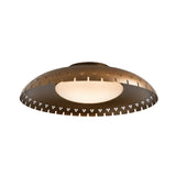Aurora Perforated Disc Flush Mount Ceiling Light 12 Inch Model 33249 illuminated, featuring a warm frosted glass diffuser and decorative perforated metal shade.