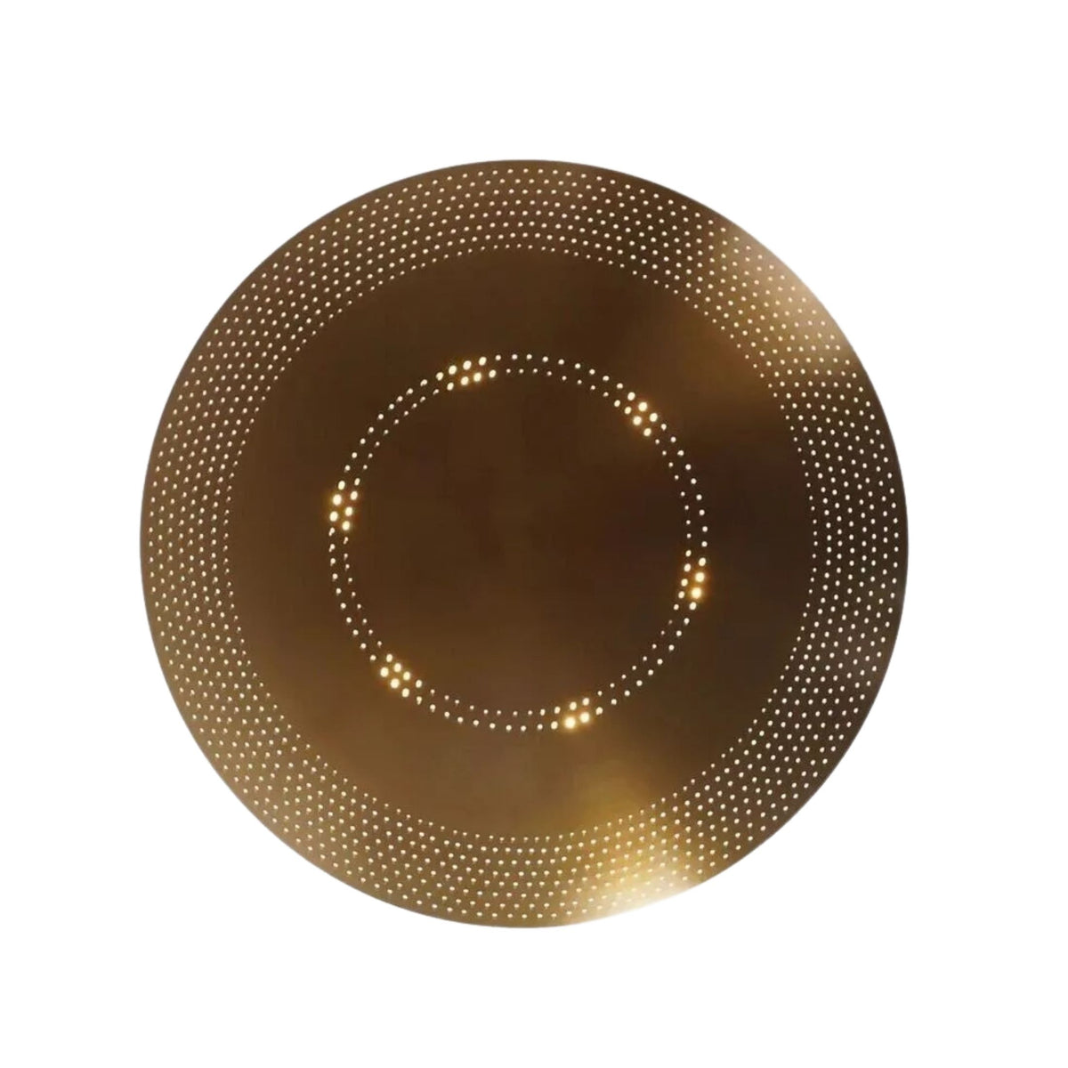 Bottom view of the Aurora Perforated Disc Flush Mount Chandelier Model 62035 highlighting the precision perforated metal pattern and circular contemporary design.