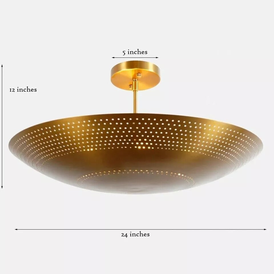 Dimensions of the Aurora Perforated Disc Flush Mount Chandelier Model 62035 showing a 24-inch diameter, 12-inch overall height, and 5-inch ceiling canopy.