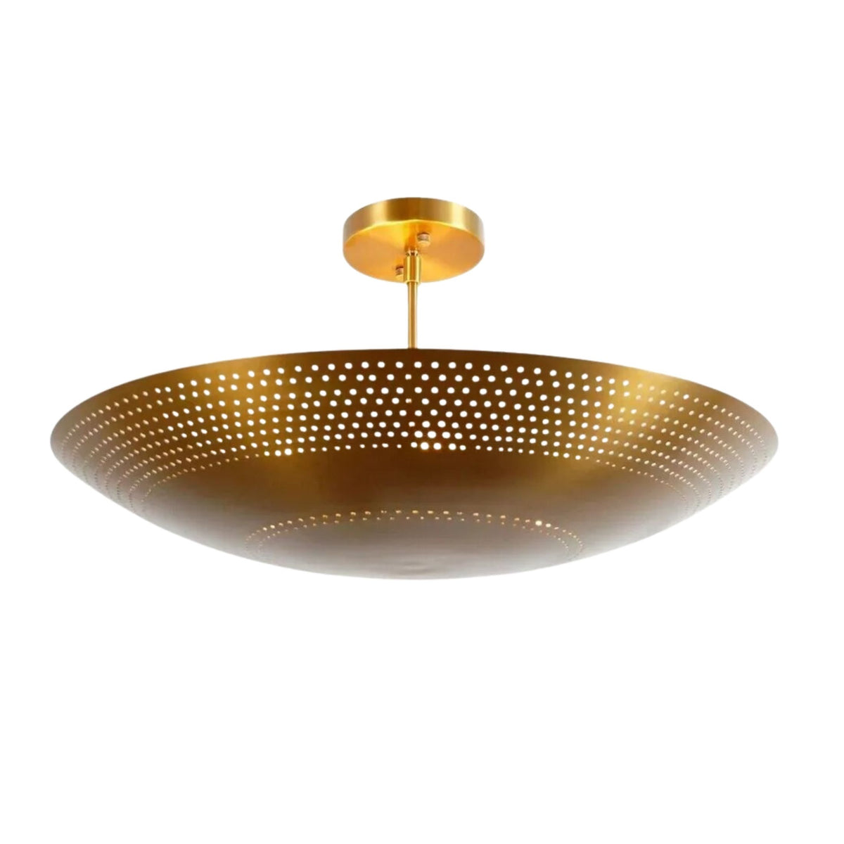 Aurora Perforated Disc Flush Mount Chandelier 24 Inch Model 62035 front view featuring a handcrafted perforated metal disc with premium brass canopy.