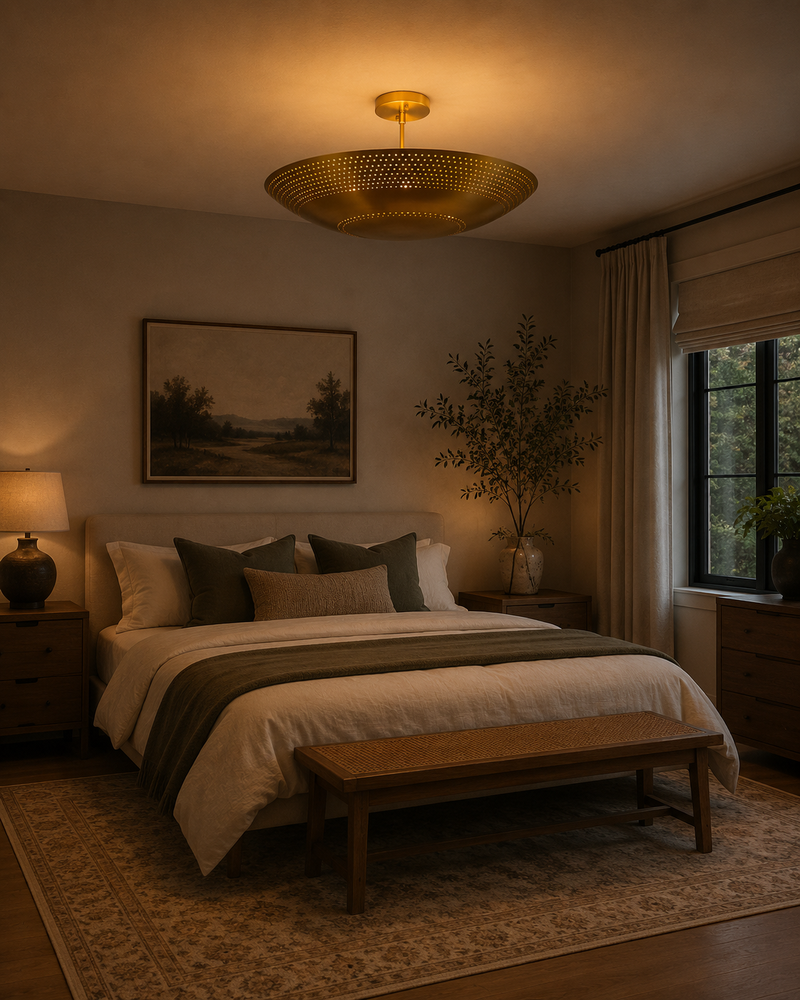 Aurora Perforated Disc Flush Mount Chandelier 24 Inch Model 62035 installed in a modern bedroom, providing warm ambient illumination with a contemporary sculptural design.