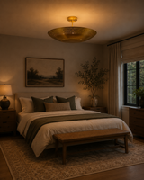 Aurora Perforated Disc Flush Mount Chandelier 24 Inch Model 62035 installed in a modern bedroom, providing warm ambient illumination with a contemporary sculptural design.