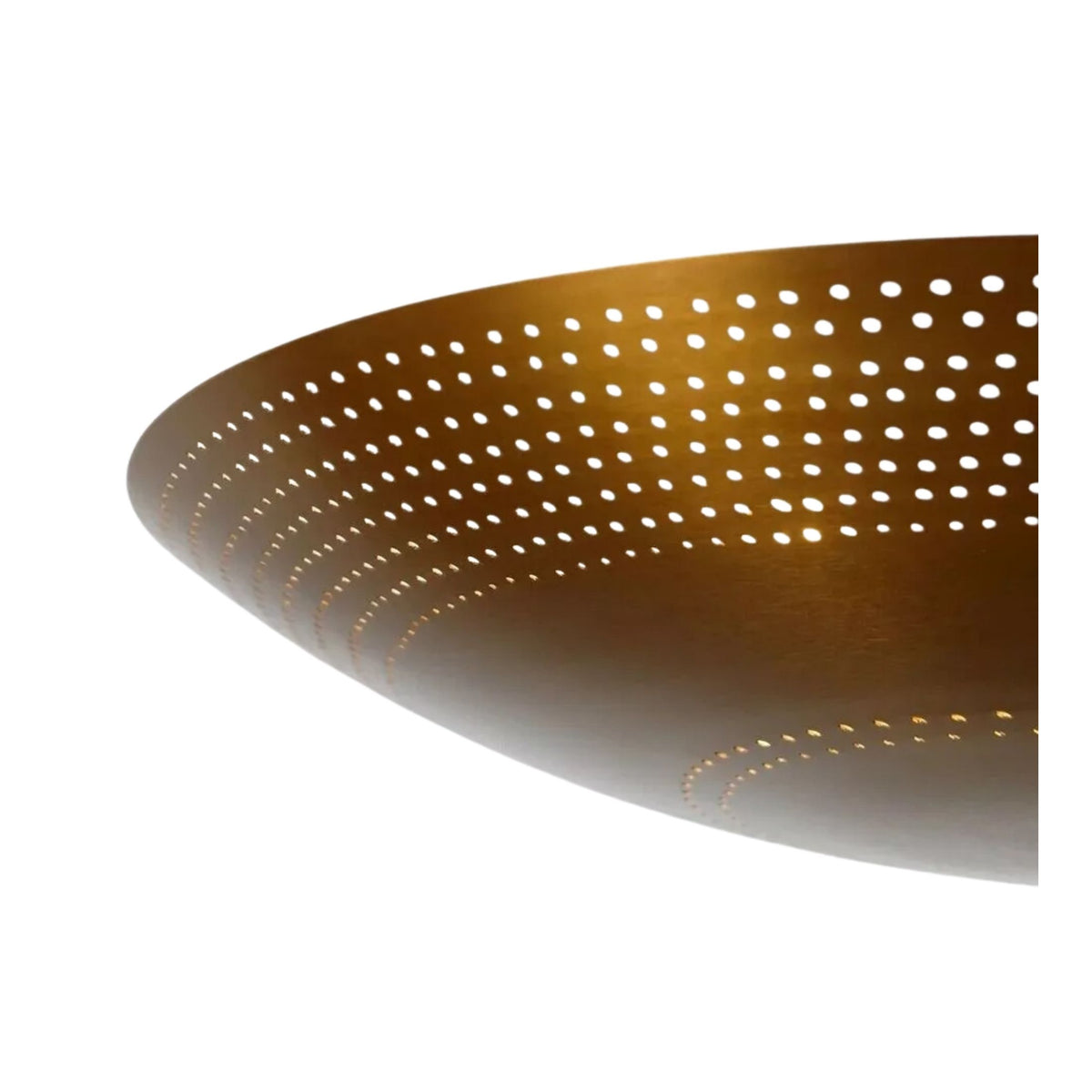 Close-up detail of the Aurora Perforated Disc Flush Mount Chandelier Model 62035 showcasing the handcrafted perforated metal shade and warm ambient light diffusion.
