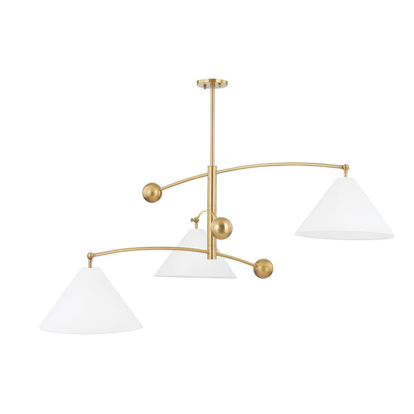 Modern balance brass 3 light chandelier with sculpted cone shades and brushed brass finish by Brass Leaf Studio