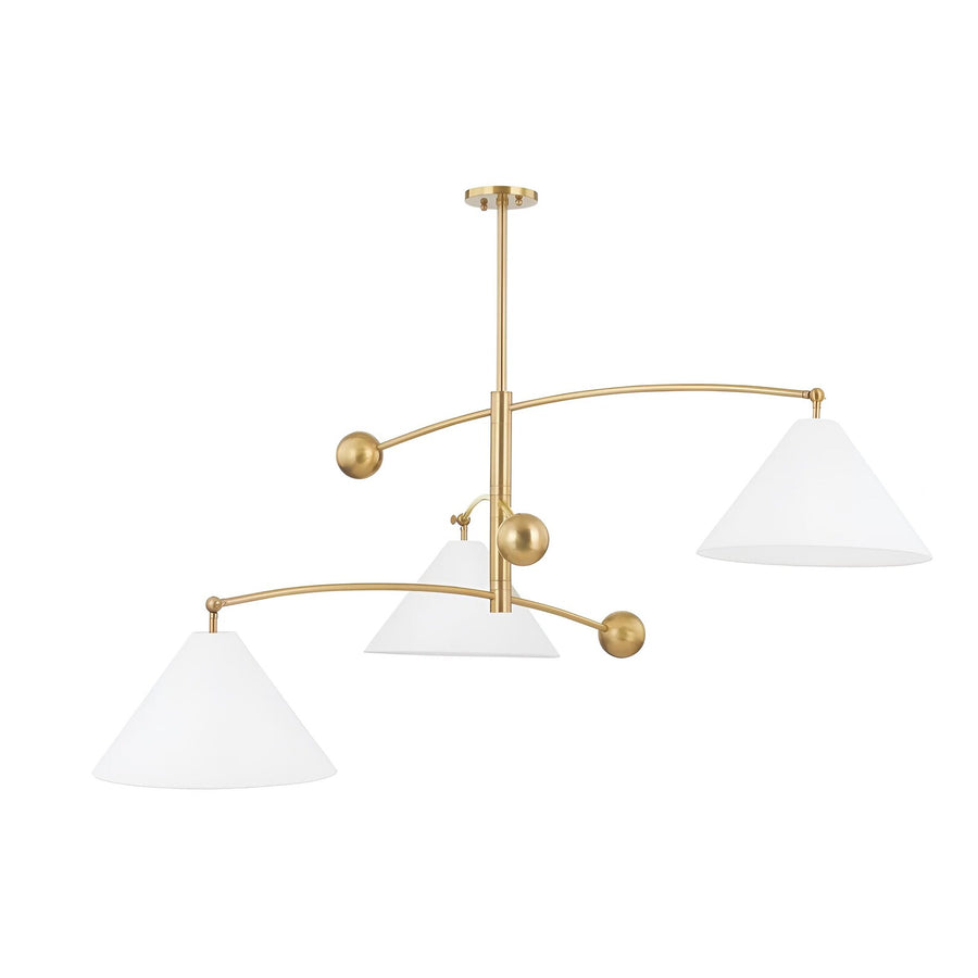 Modern balance brass 3 light chandelier with sculpted cone shades and brushed brass finish by Brass Leaf Studio