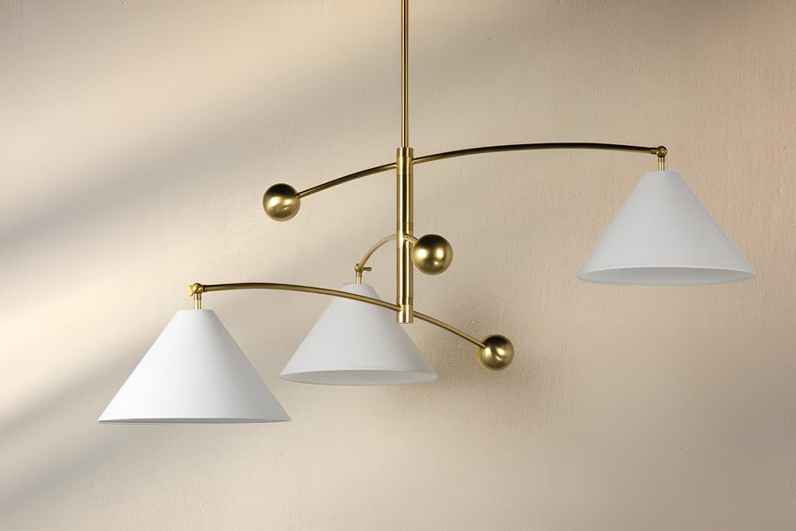 Modern balance brass 3 light chandelier with sculpted cone shades and brushed brass finish by Brass Leaf Studio