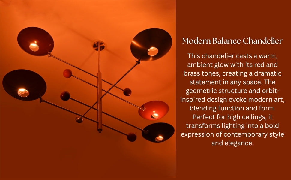 Modern brass chandelier casting dramatic lighting with artistic balance design