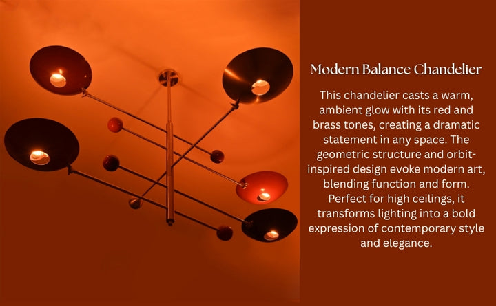 Modern brass chandelier casting dramatic lighting with artistic balance design