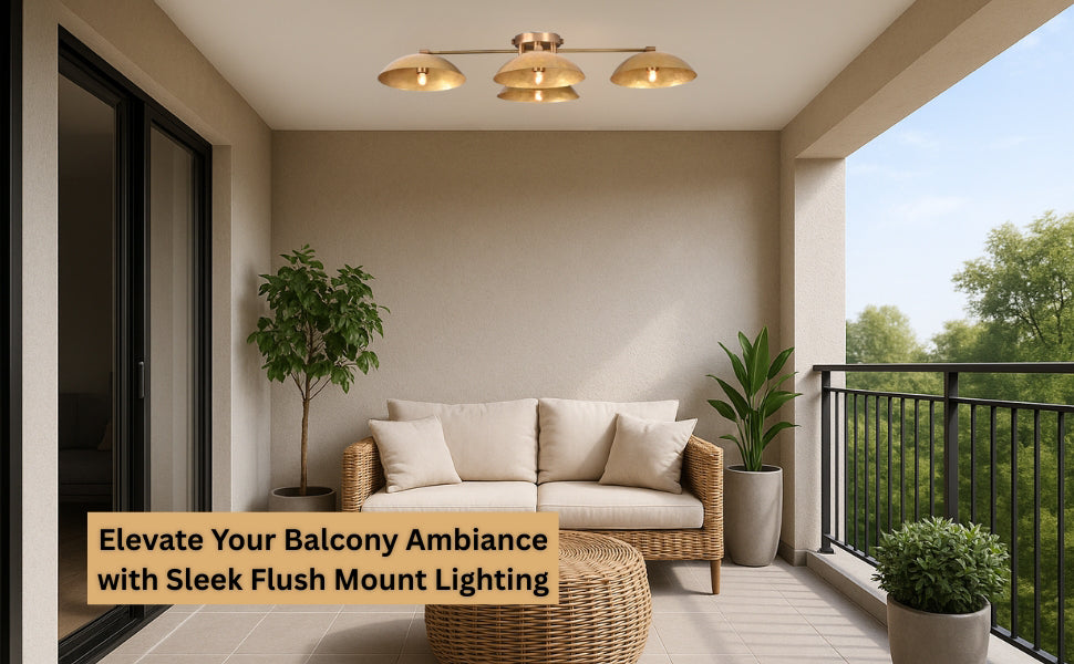 Modern balcony setup with wicker furniture and plants, softly lit by a brass 4-light flush mount chandelier overhead.