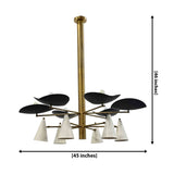 Barcelona 12-light solid brass chandelier with black curved shades, white cone shades, and sculptural mid century ceiling design