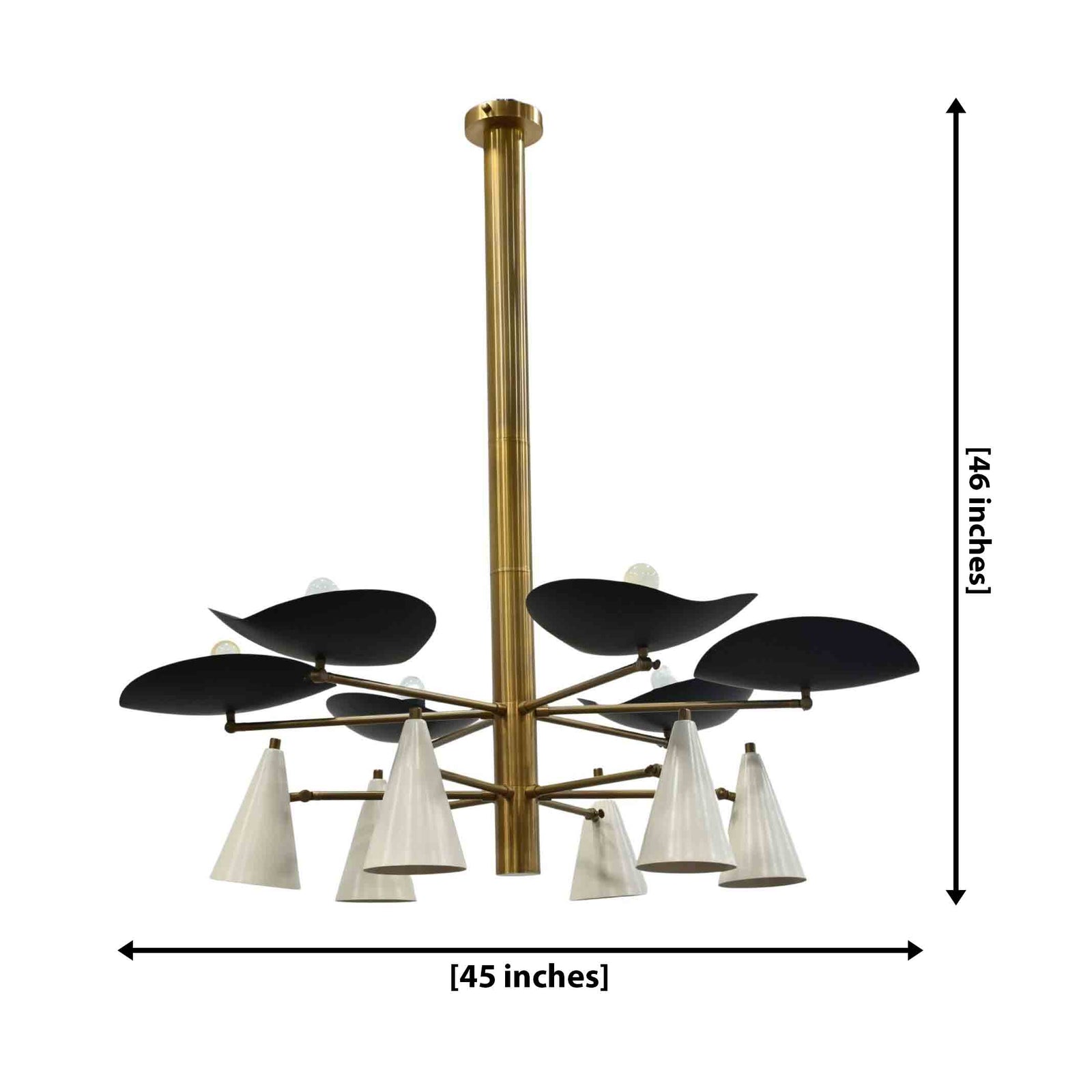 Size guide for Barcelona 12-Light Solid Brass Chandelier – Curved Black Shades With White Cone Lights 33392
