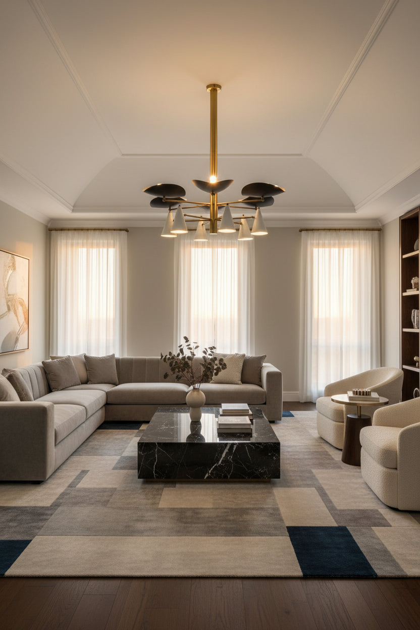 Barcelona brass chandelier dimension view showing 45 inch width and 46 inch total height with layered radial shade design