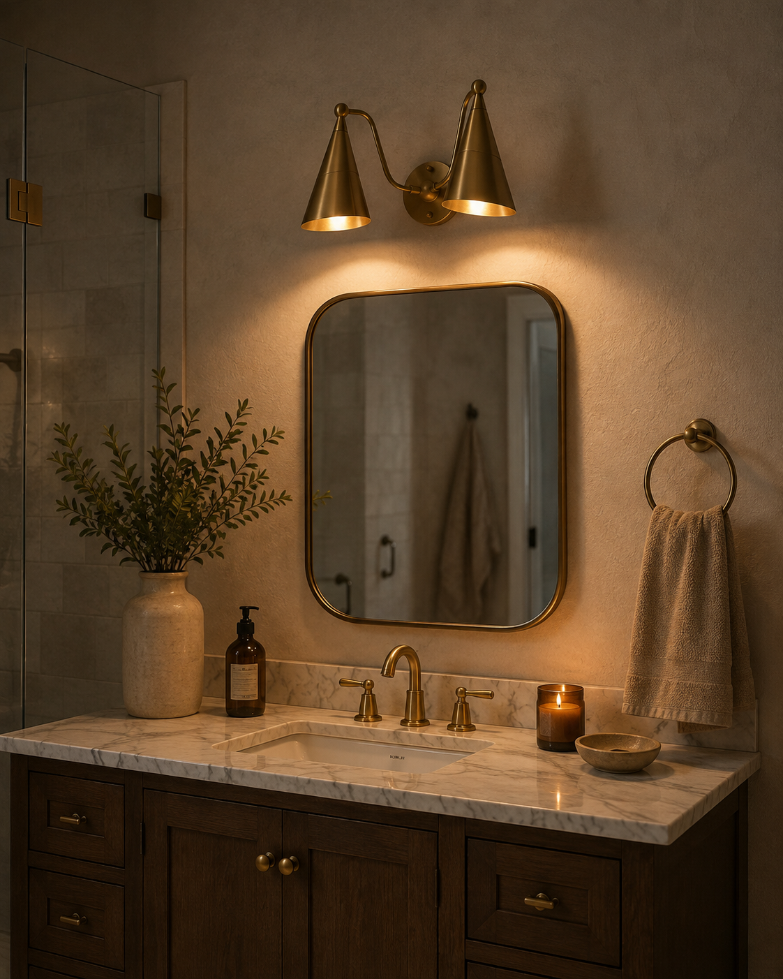 Double cone brass vanity sconce installed above a bathroom mirror, adding warm light and designer character to the space