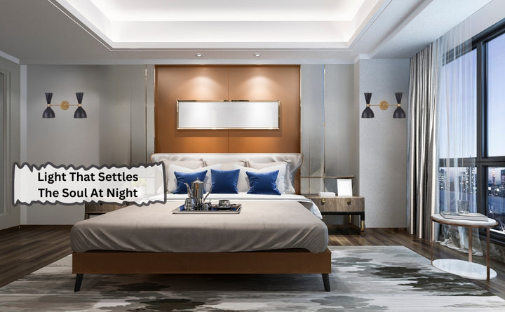 Double cone brass wall sconce styled in contemporary bedroom interior