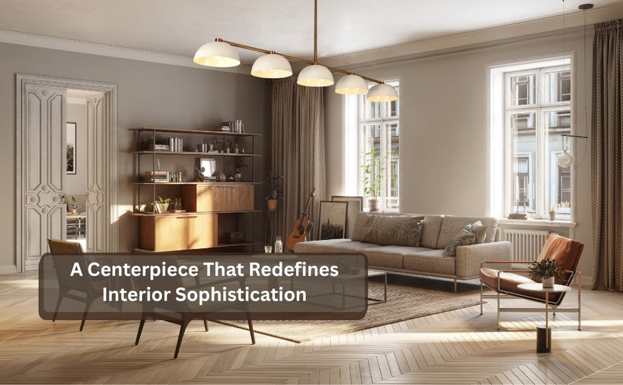 Modern living room with minimalist 5-light dome chandelier in brass, styled above a sectional sofa with caption overlay