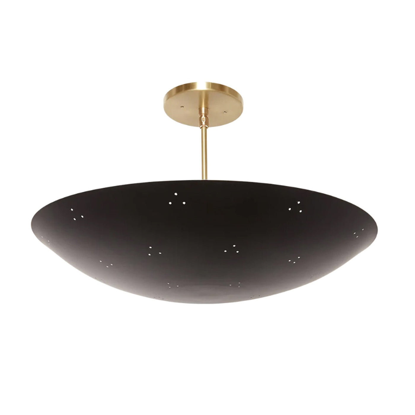 Handcrafted 18-inch black brass bowl flushmount ceiling light with brushed brass stem by Brass Leaf Studio