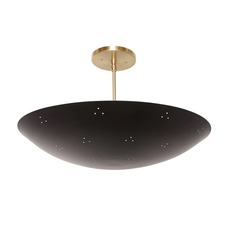Handcrafted 18-inch black brass bowl flushmount ceiling light with brushed brass stem by Brass Leaf Studio