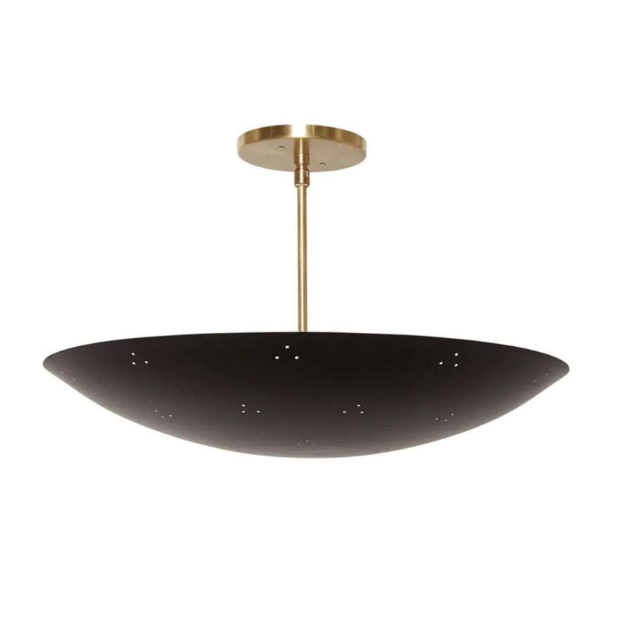 Handcrafted 18-inch black brass bowl flushmount ceiling light with brushed brass stem by Brass Leaf Studio