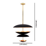 Modern brass disc chandelier showing 24 inch diameter and 38 inch height, customizable handmade lighting by Brass Leaf Studio