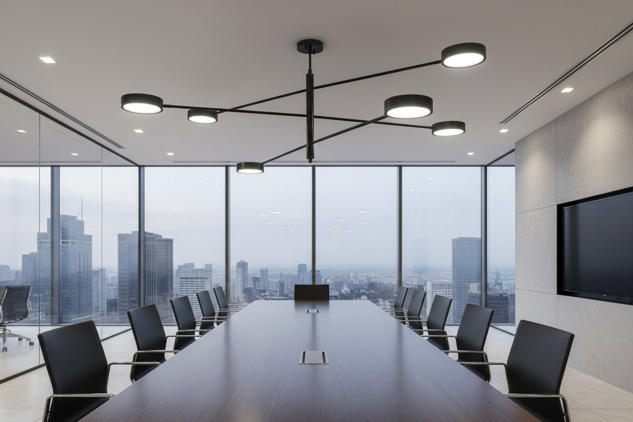 Black brass disc light chandelier with six flat LED heads arranged across three extended arms