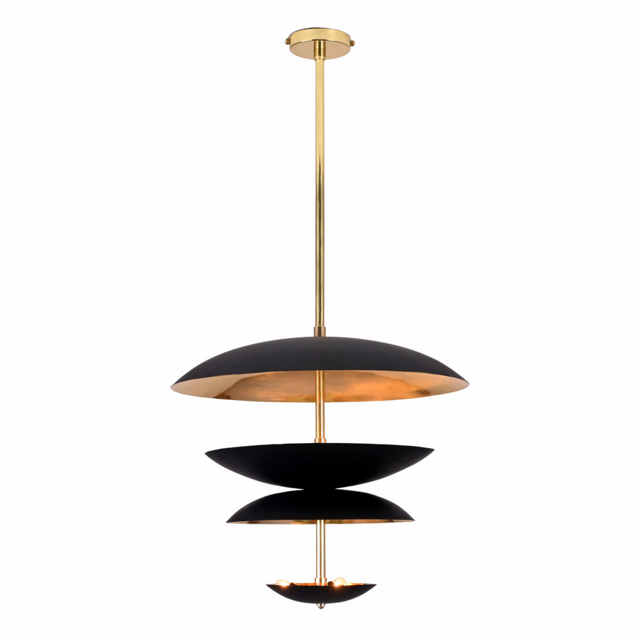 Layered black and brushed brass disc chandelier with warm indirect lighting, modern industrial ceiling light handcrafted by Brass Leaf Studio