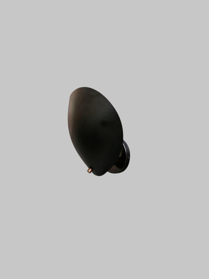 Angled view of black brass leaf-shaped wall light fixture