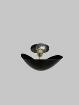 Front view of black brass leaf-shaped wall sconce with exposed bulb