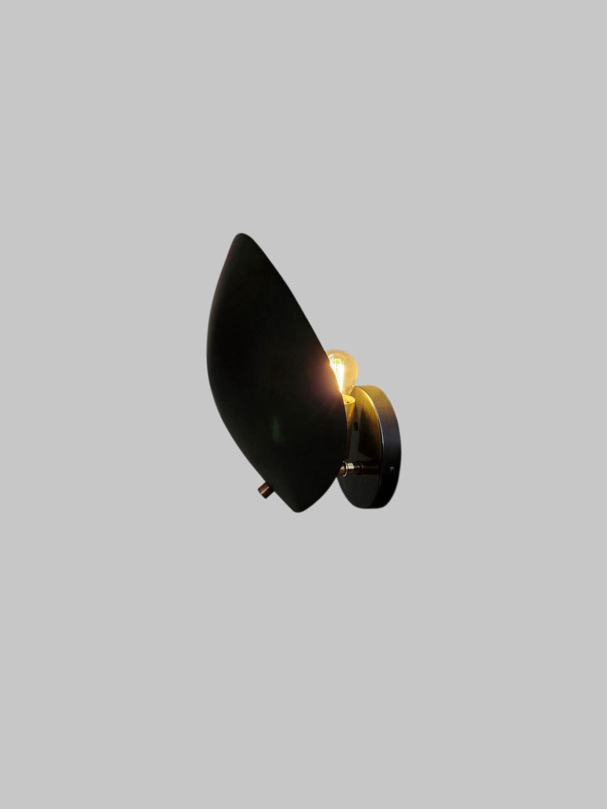 Black brass leaf-shaped wall sconce illuminated with warm glow