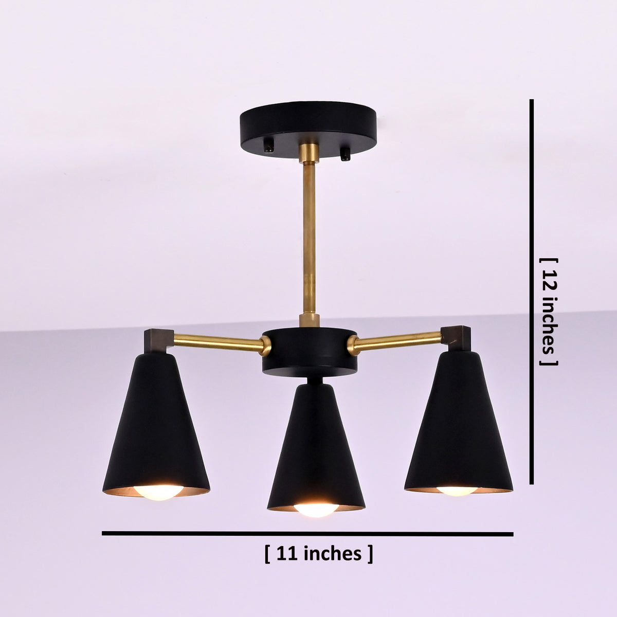 Dimensions of 3 light black and brass flush mount chandelier – 11 inch wide and 12 inch height handmade ceiling light